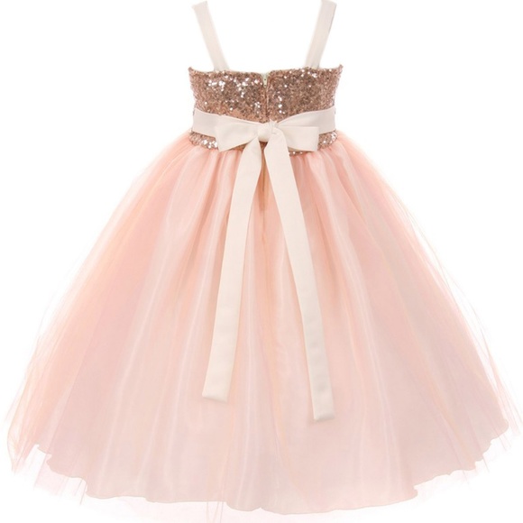 Sequin Bodice Ruffle Bias Trim Girl Dress Blush - Picture 3 of 4